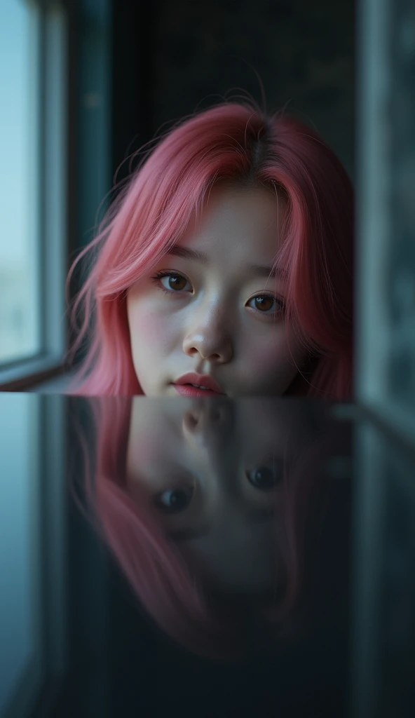 Reflection of a bautiful Korean teen with pink hair on a dark phone screen.