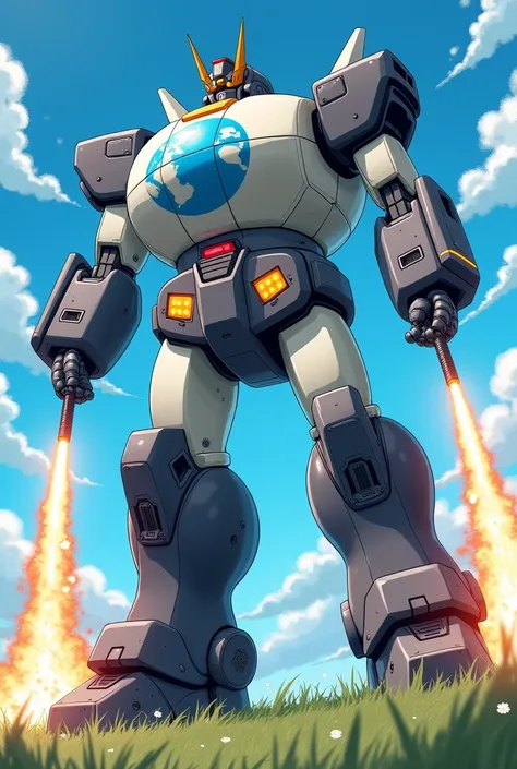 An illustration in the style of official Japanese manga art, depicting a giant robot transformed from a hot air balloon. The robot extends both arms forward and has just fired missiles. The missiles are launched from the robots arms and are floating in the...