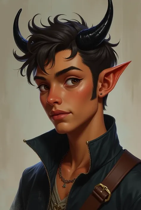 Brown-colored Tiefling bard teenager with male hair and thin black horns 