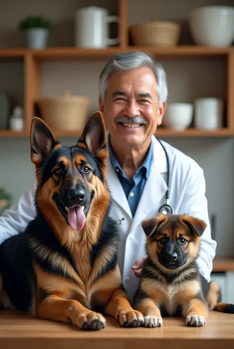 Generate an advertisement for a veterinarian , That says “PEDIGREE VETERINARY CLINIC” in cursive letters at the top,   the image must have an adult German shepherd pet and a puppy and a male doctor with gray hair