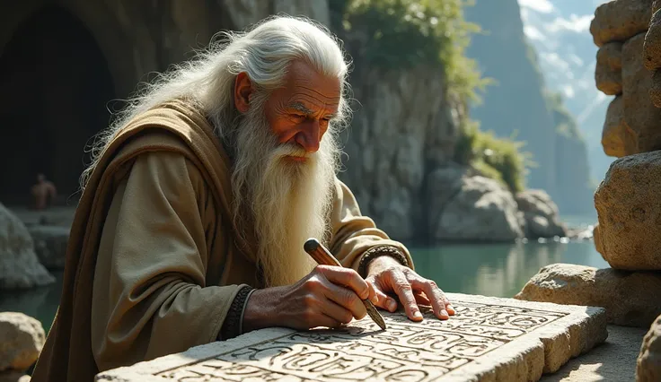 old man with white hair dressed in brown robes writing on stone planks with chisel and hammer