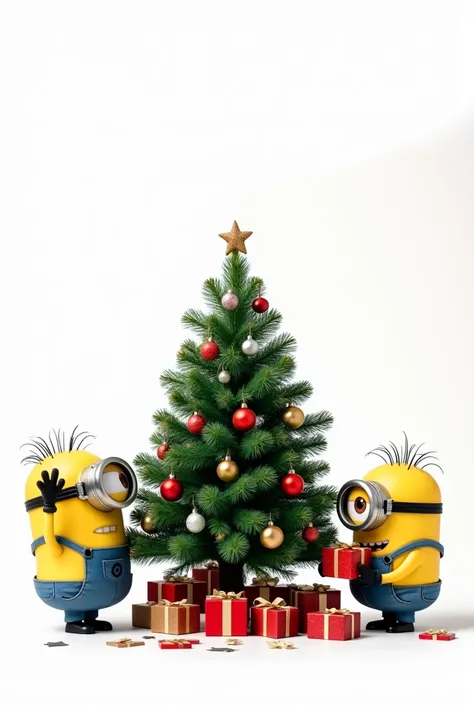   Minions trying to set up a Christmas tree , Making a mess.  totally white background .  One minion waving and the other opening a gift . funny scene .
