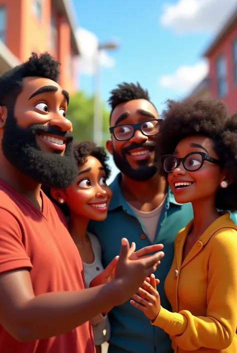 Create animated Disney Pixar ,  Four friends, a fat black man with a beard and a white woman with glasses and a man with brown skin and a woman with curly hair