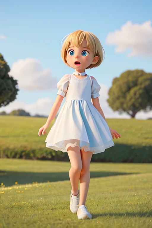  Extremely fragile and delicate eleven-year-old girl  ,  short blond hair at shoulder length  , very large light blue eyes  ,  small and delicate mouth  ,   upper half of the body  ,  walking across an extensive plain of green grass , by day ,   sunny day ...