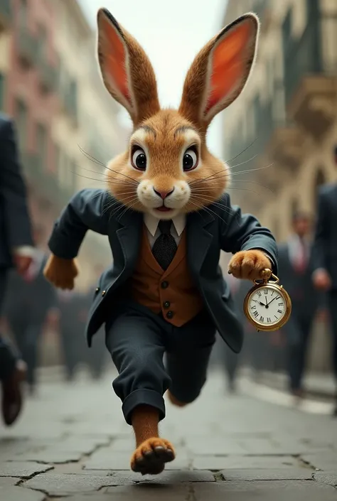 A rabbit in a tie suit holding a pocket watch and looking desperately because hes late . is running 