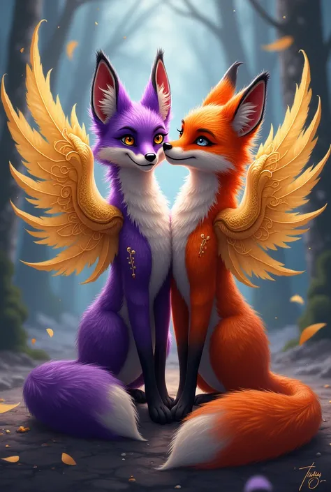 Purple and orange 4-tailed fox representing the Weasley brothers, this will be Fred and Georges new mascot with golden tennis wings
