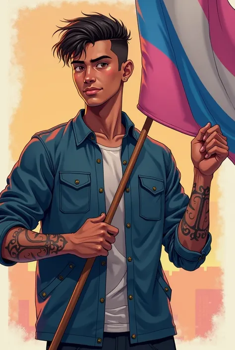 trans man, brown,  short hair,  tattoo on the right arm, low,  anime style ,  holding the trans flag , in different scenarios  