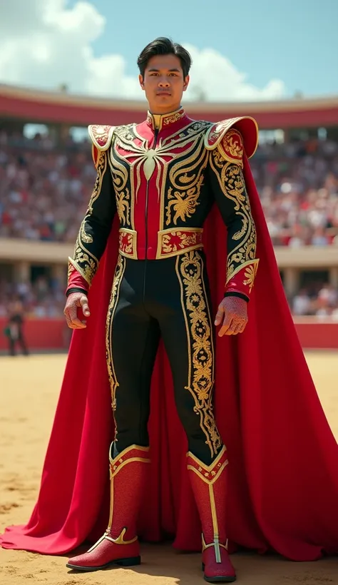 A realistic 4K depiction of a superhero inspired by Spider-Man, dressed in a traditional Spanish bullfighters outfit (traje de luces). The outfit features detailed gold embroidery, bright red and black accents, and a dramatic flowing cape, blending classic...