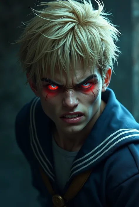 I want an image of a blue-eyed blond haired sailor with an expression of evil and a red light in his eyes 