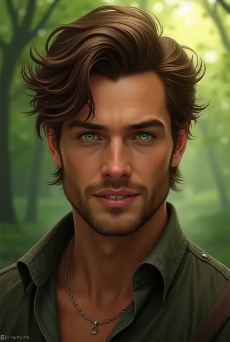 A man with brown hair and green eyes 