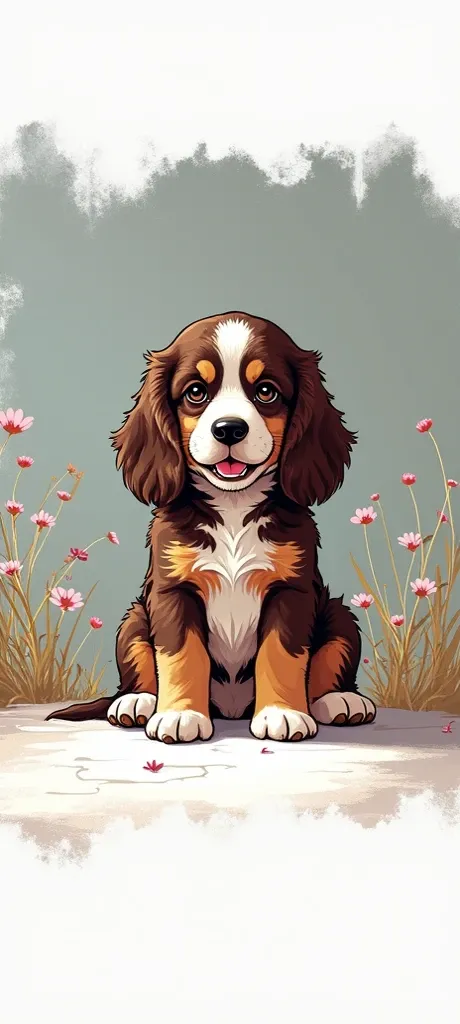 "A stunning anime-style illustration of a cute female English Cocker Spaniel puppy sitting and facing forward on a clean white background. The dog has a soft, Liver and Tan coat with a shiny black nose and dark, expressive light eyes. She looks happy and s...