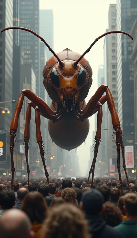 Giant ant walking through a crowd of people normally