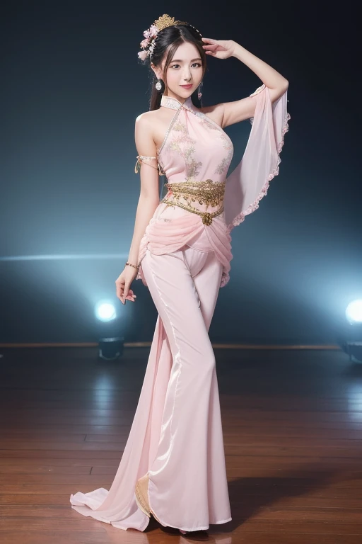 The woman is wearing an ancient light pink dance costume, including a full-length halter top blouse, and chiffon trousers on the bottom. She is an oriental beauty with a very Chinese style. The costume is very Song Dynasty style. She has her back to the wo...