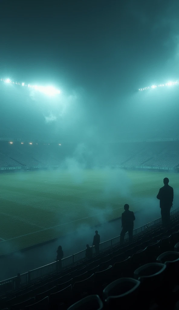 "Aerial perspective of an empty stadium with flickering ,  lights surrounded by ghostly smoke and barely visible human shadows in the stands."