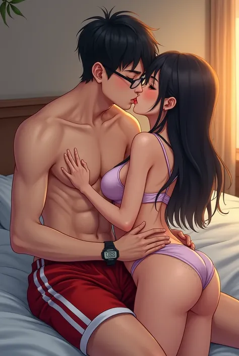  full body image, Anime images, Oral sexual intercourse, In the bedroom, on the bed , คู่นักชายหญิงTwo people,, a handsome young Chinese teenager of s of age, the hair of a comb is wearing glasses. , The man is not wearing a shirt ,  The man is wearing bas...