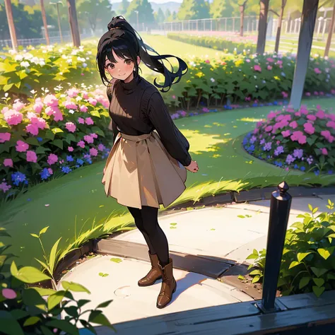 ( High Quality ,  high definition , Very detailed, reality:1.37), Peaceful atmosphere, (Outdoor, garden),  teenage girl standing alone,  Beautiful details,  cute smile with blush, ( BLACK HAIR PONYTAIL ), Ribbed sweater,Brown skirt, Black tights,  brown bo...