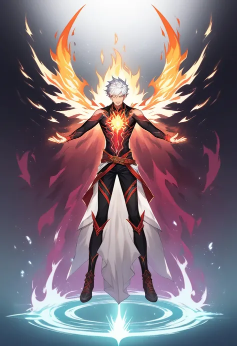 anime character with white hair and a white face standing in front of bubbles, !!full body portrait!!, evil aura, glowing black aura, fire!! full body, white glowing aura, menacing aura, epic anime style, emanating menacing aura, he is casting a lighting s...