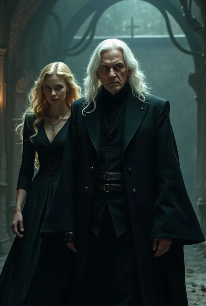 Create an image of Severus Snape with a blonde woman on the side 