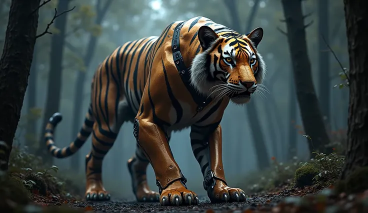 An ironman fusion with tiger standing in a drak forest.