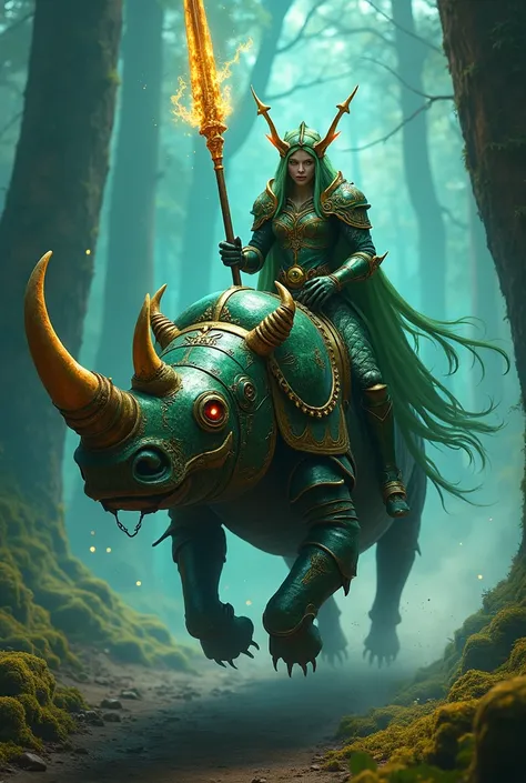 A fierce elf warrior clad in intricate emerald armor etched with glowing runes, wielding a long, luminous spear that crackles with magical energy. The elf rides a towering rhinoceros beetle with a metallic carapace shimmering with golden highlights, its ma...