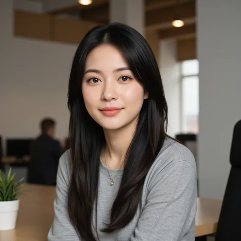 woman in her mid-30s, sleek black hair, minimalist style, subtle makeup, modern office background