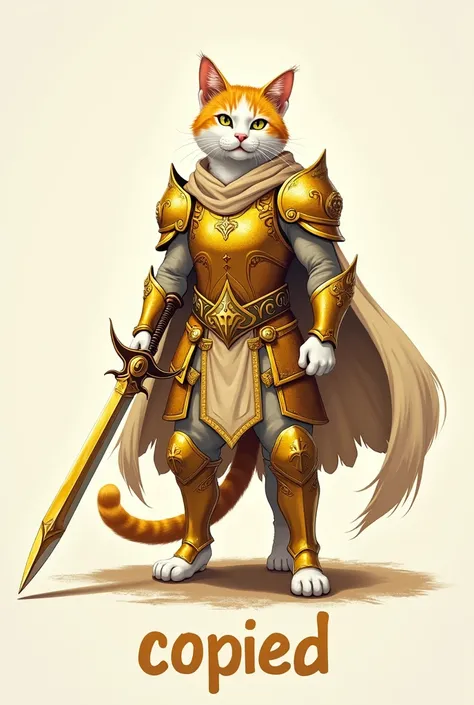 White and yellow cat with sword and gold armor and below a text that reads "copied"