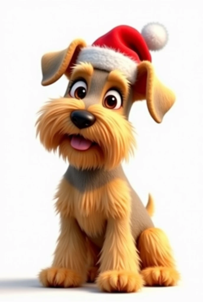 female Schnauzer breed canine full gold coat color  ,brown-eyed, Black nose with Christmas hat do it pixar type white background 