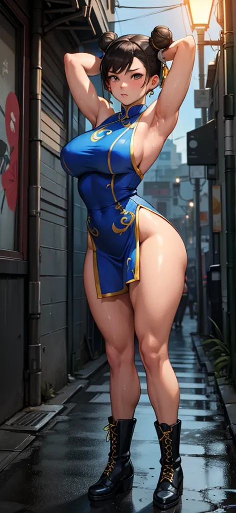 Chun-Li in her Street Fighter 6 dress, iconic dual buns hairstyle with blue ribbons, full-body shot, standing in a relaxed stretching pose, arms raised above her head, emphasizing her curvy and muscular physique, slightly sweaty underarms, a confident and ...