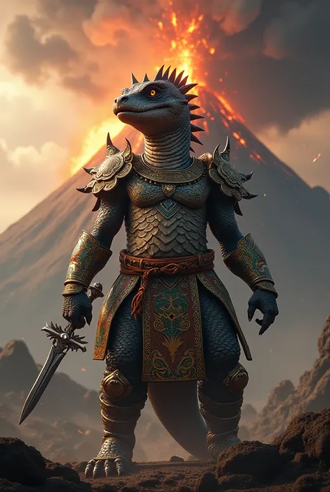 Komodo dragon warrior wearing traditional Indonesian batik-patterned armor, holding a kris dagger, with a volcano in the background.