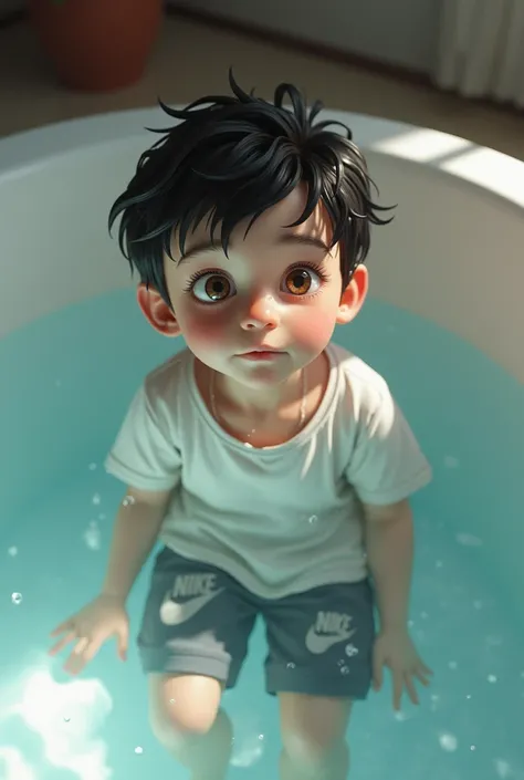 Boy, , taking a bath with t-shirt and jogging pants from Nike, Lie, in the water, big bathtub, water dripping his clothes