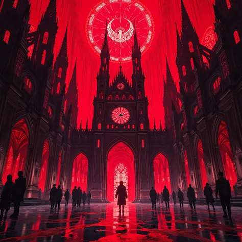 arafed image of a cathedral with red lights and a clock, lit from below with red lighting, glowing red, atmospheric red effects, red glow, red neon, dramatic red scary lighting, atmospheric red lighting, glowing red veins, detailed red lighting, cyberpunk ...