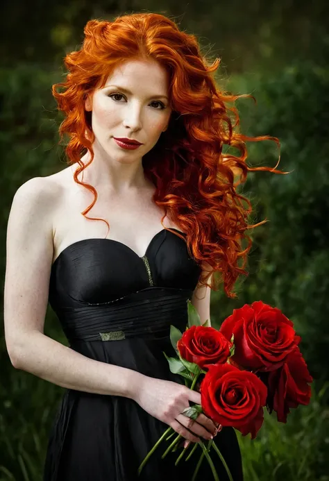 there is a Woman with red hair holding a red rose, flowing ginger hair, with curly red hair, red-haired goddess, Mylene Farmer, copper-haired maiden, inspired by Jean-Jacques Henner, a young red-haired woman, curly red hair, curly red hair, orange skin and...