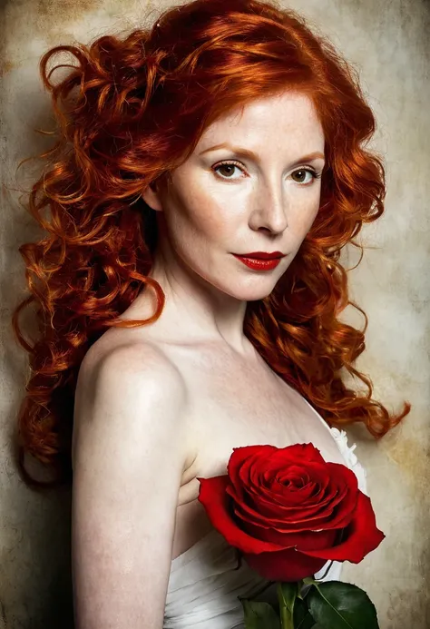 there is a Woman with red hair holding a red rose, flowing ginger hair, with curly red hair, red-haired goddess, Mylene Farmer, copper-haired maiden, inspired by Jean-Jacques Henner, a young red-haired woman, curly red hair, curly red hair, orange skin and...