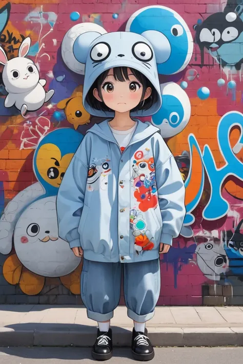 Ultra-realistic Hayao Miyazaki style, Simple line acronym abstract art, stylish design, Street fashion, Cute Amoeba , The background is a stylish graffiti