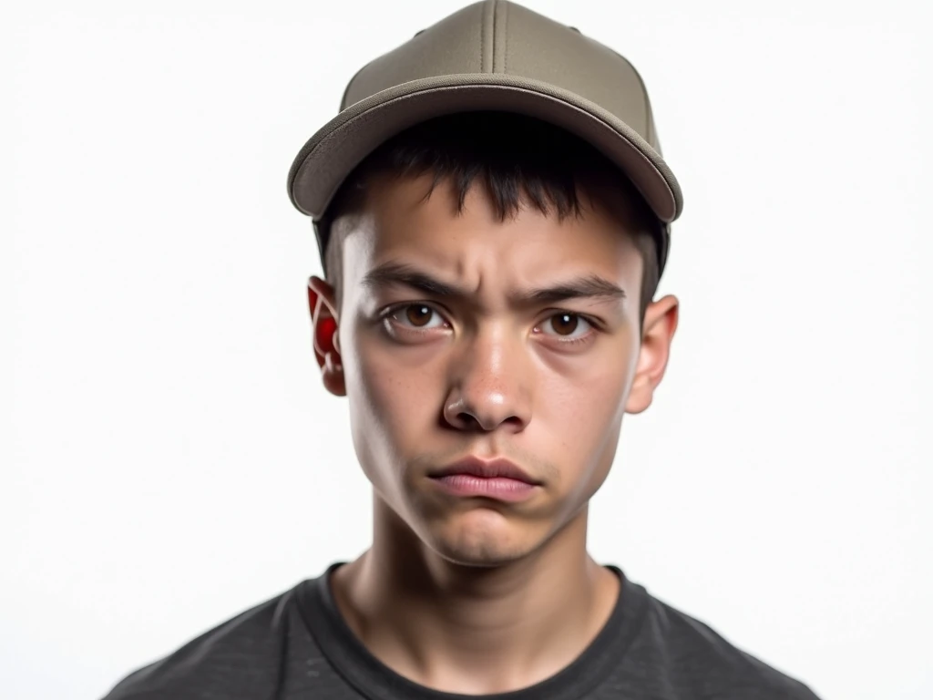 Theres a young man with a serious expression on his face, unhappy looking at the camera . He wears a cap, The hair is very short . The background of the image is solid white,  making the image stand out