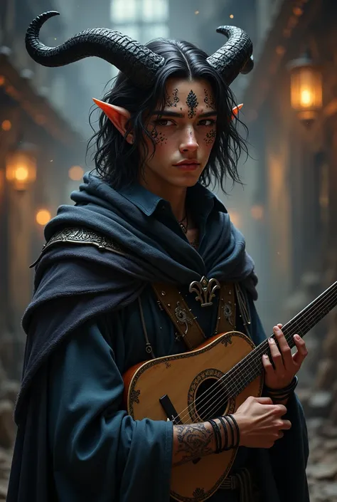 Teenage male bard Tiefling with scales on his face, brown skin, medium hair and with black horns 