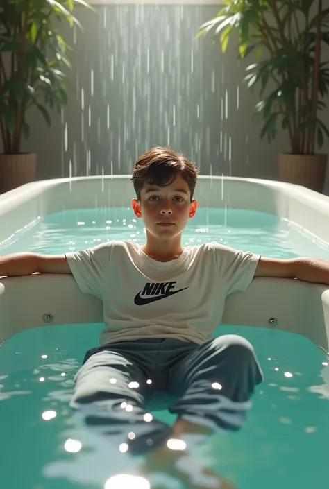 Boy, , taking a bath with t-shirt and jogging pants from Nike, in the water, big bathtub, water dripping his clothes