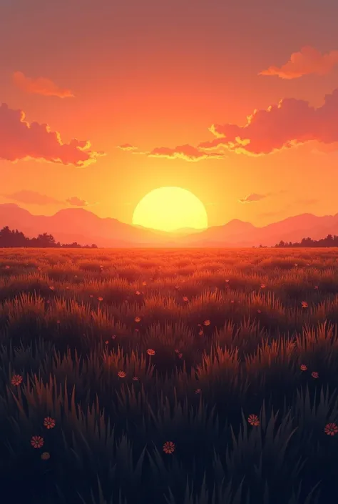  Sunset seen on a simple field of tall vegetation.  Low grass with creeping plants . Instagram post  