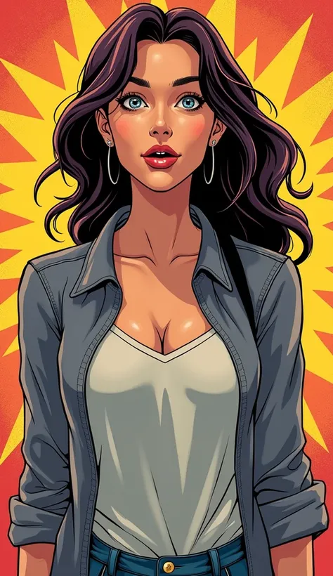 DISCREET image. with discreet casual clothes. image adult woman, american, comic book style. surprised. with a discreet smile. IMAGES WITH VIBRANT COLORS.