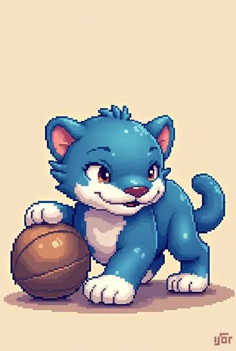 A jaguar painted blue and white in pixel art playing with a ball from there Cheerful expression