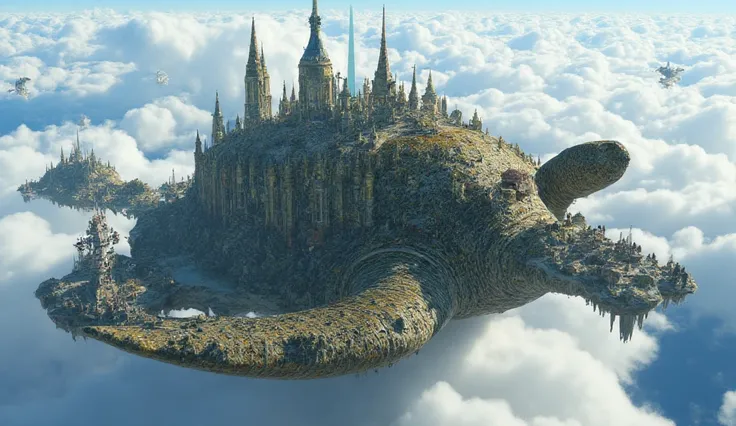 an ancient city built on the back of a giant turtle, flying island turtle, Fantasy concept art, 