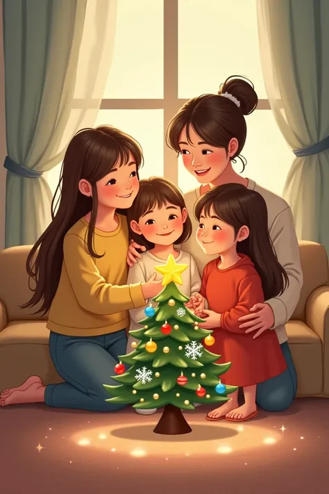 Mom little daughter two big daughters Christmas decoration little cartoon tree