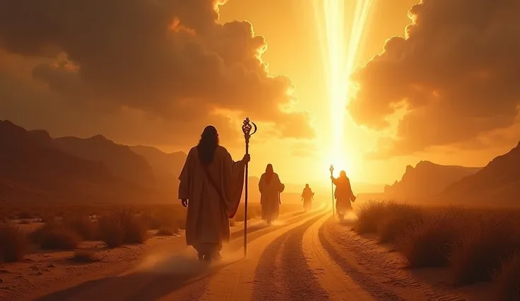 " A desert and dusty road illuminated by an intense heavenly light,  with biblical figures such as Abraham holding a torch ,  Moses with the tablets of the law and Rahab with a red string ,  moving with determination towards light .  The light shines from ...