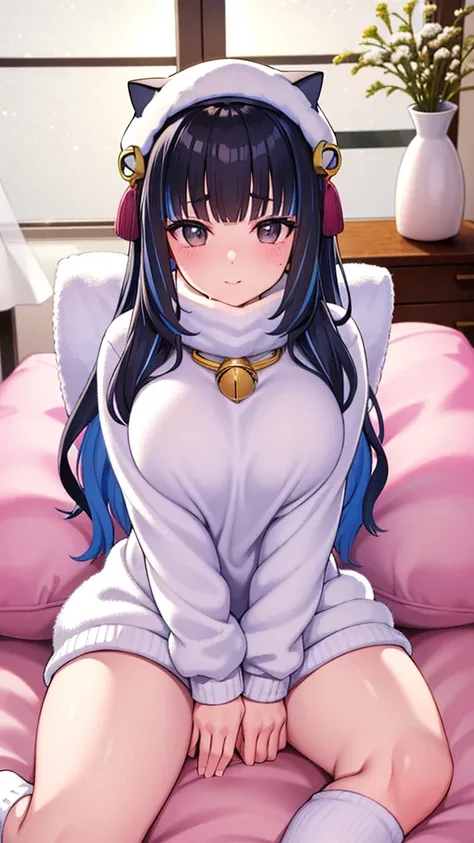 Outfit: fluffy, fluffy knit and loose fleece pants. Thick wool socks to keep her feet warm.
Posing: Cross-legged, wrapped in the futon of a kotatsu, looking relaxed.
Location: spacious living room with a fireplace. Snow is falling outside the window, creat...