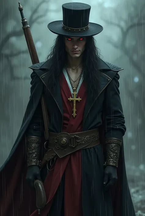  Vampire man wearing a van hellsing hat,  with extremely sexy black hair ,  sad, under the rain, red eyes, a crucifix in the golden neck , in Templar clothing,  hat who has an antique rifle in his hands and an antique revolver held around his waist 