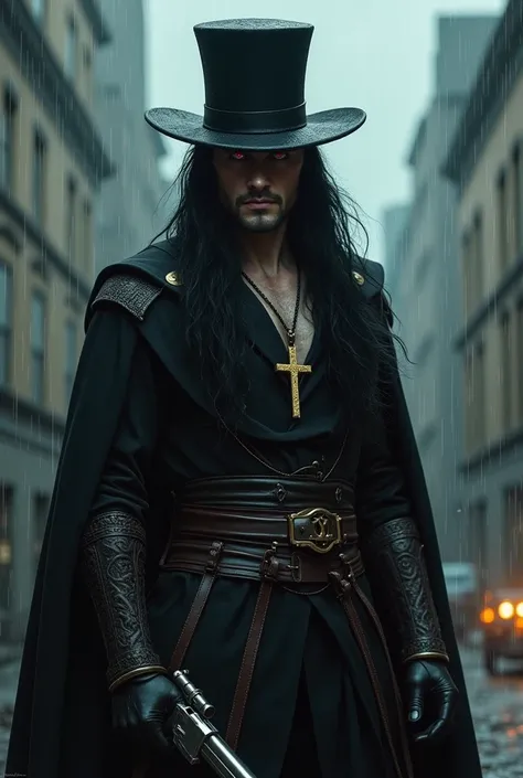  Vampire man wearing a van hellsing hat,  with extremely sexy black hair ,  sad, under the rain, red eyes, a crucifix in the golden neck , in Templar clothing,  hat who has an antique rifle in his hands and an antique revolver held around his waist 