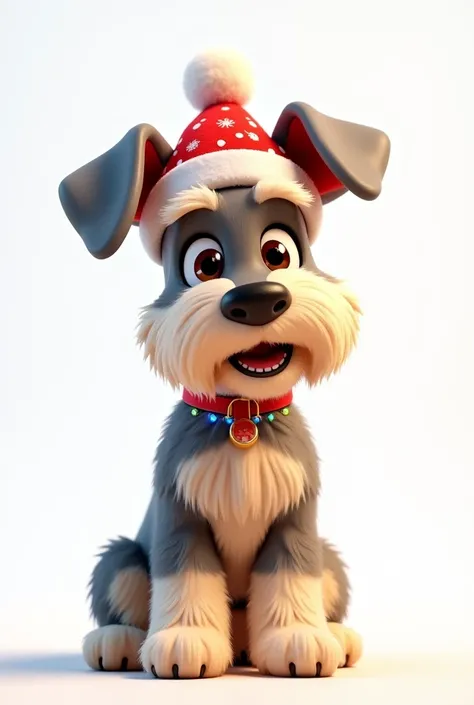 Mascot breed Schnauzer female with full blonde fur   ,brown-eyed, black nose with Pixardisney Christmas hat 3D white background