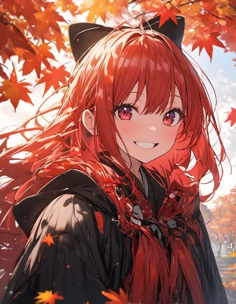 masterpiece、  girl、 redhead、Long Hair、smile、  face ，Walking Outside，Autumn scenery，  Momiji scatters，