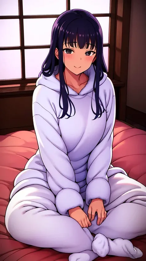 Outfit: fluffy, fluffy knit and loose fleece pants. Thick wool socks to keep her feet warm.
Posing: Cross-legged, wrapped in the futon of a kotatsu, looking relaxed.
Location: spacious living room with a fireplace. Snow is falling outside the window, creat...