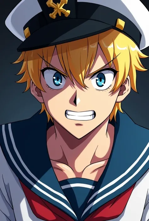 I want an image of a 29-year-old male anime-style serious blond haired sailor with blue eyes and a sailor hat with an evil smile 


